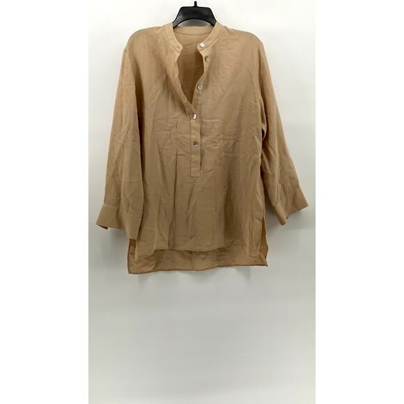 UNBRANDED Women's Beige Mandarin Collar Long Sleeve Side-Slit Tunic Top SZ L - Picture 1 of 8